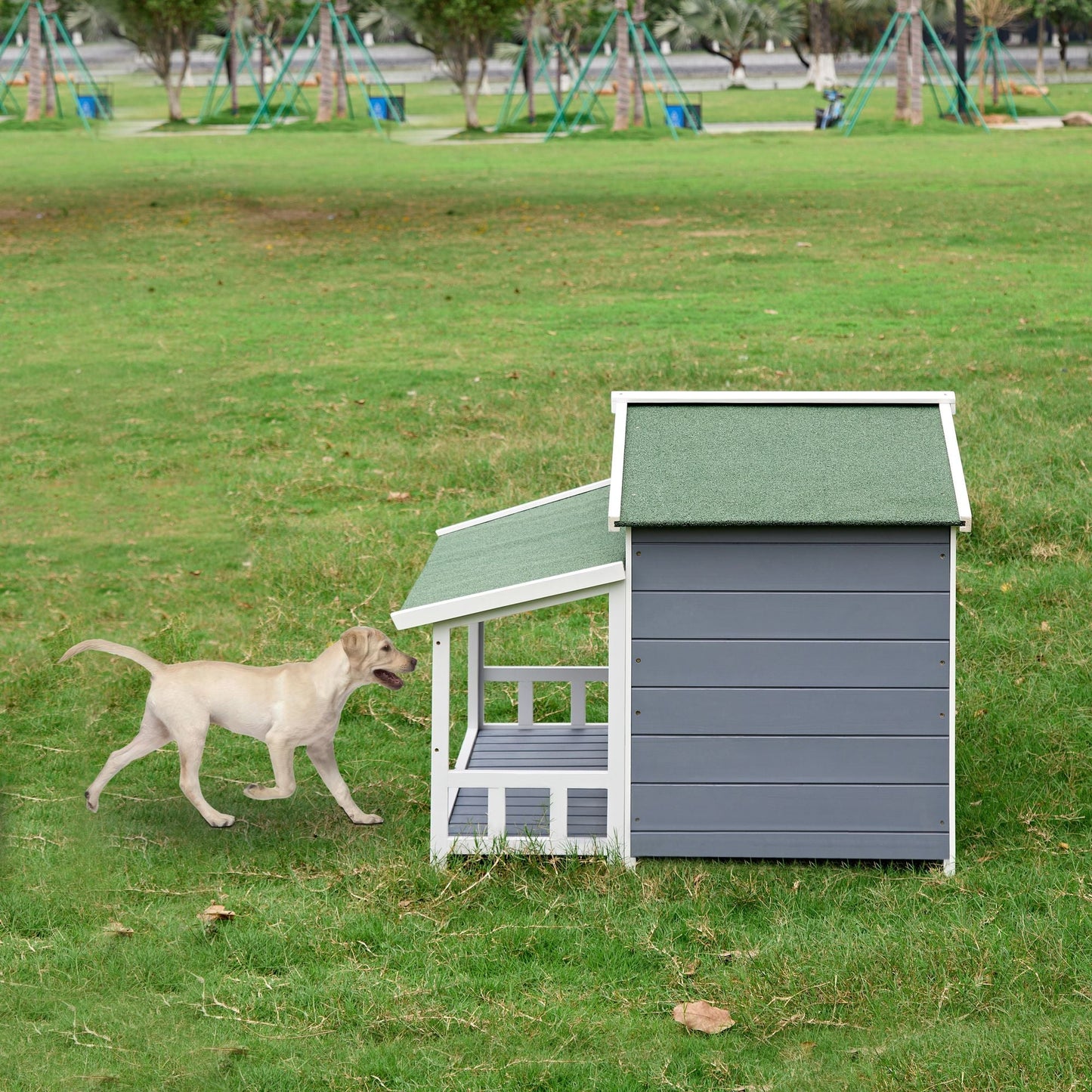 Dog House, Waterproof Dog Cage Kennel, Wooden Outdoor and Indoor Dog House, Raised Pet Kennel for Medium Dogs, Log Cabin Style with Porch,Elevated Floor,Asphalt Roof, 2 Doors - 7DAY'S