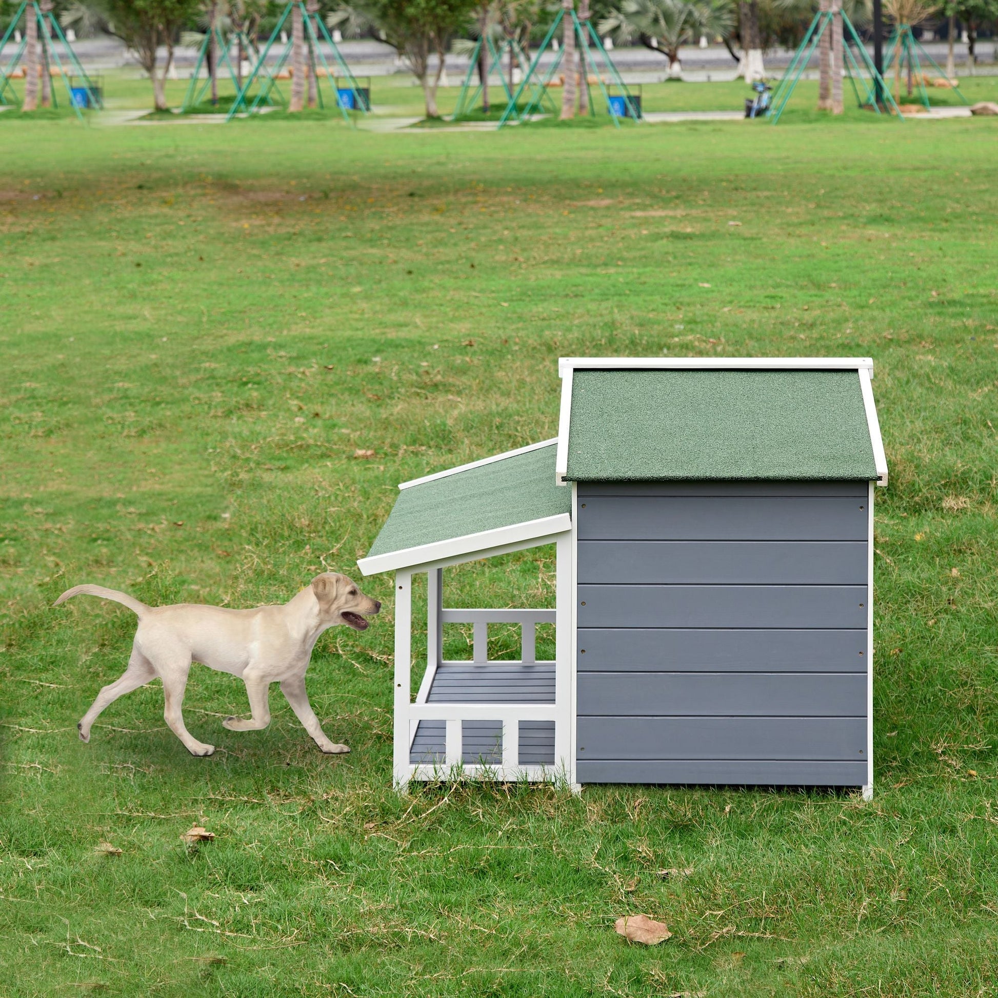 Dog House, Waterproof Dog Cage Kennel, Wooden Outdoor and Indoor Dog House, Raised Pet Kennel for Medium Dogs, Log Cabin Style with Porch,Elevated Floor,Asphalt Roof, 2 Doors - 7DAY'S