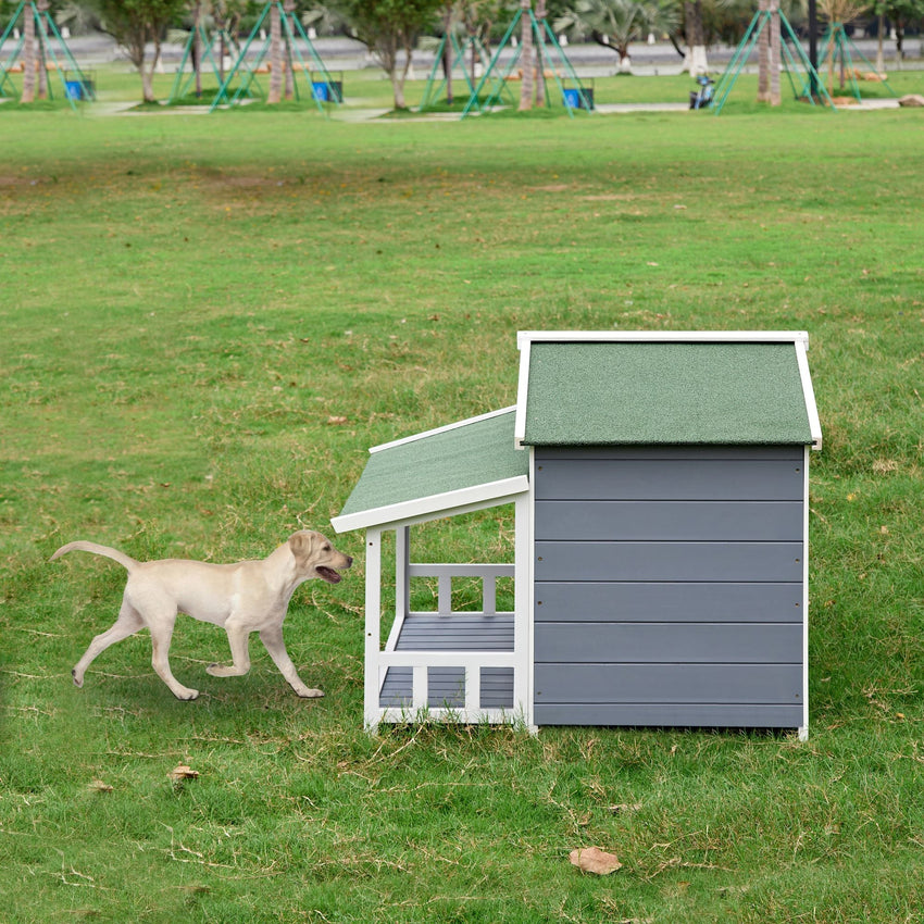 Dog House, Waterproof Dog Cage Kennel, Wooden Outdoor and Indoor Dog House, Raised Pet Kennel for Medium Dogs, Log Cabin Style with Porch,Elevated Floor,Asphalt Roof, 2 Doors - 7DAY'S