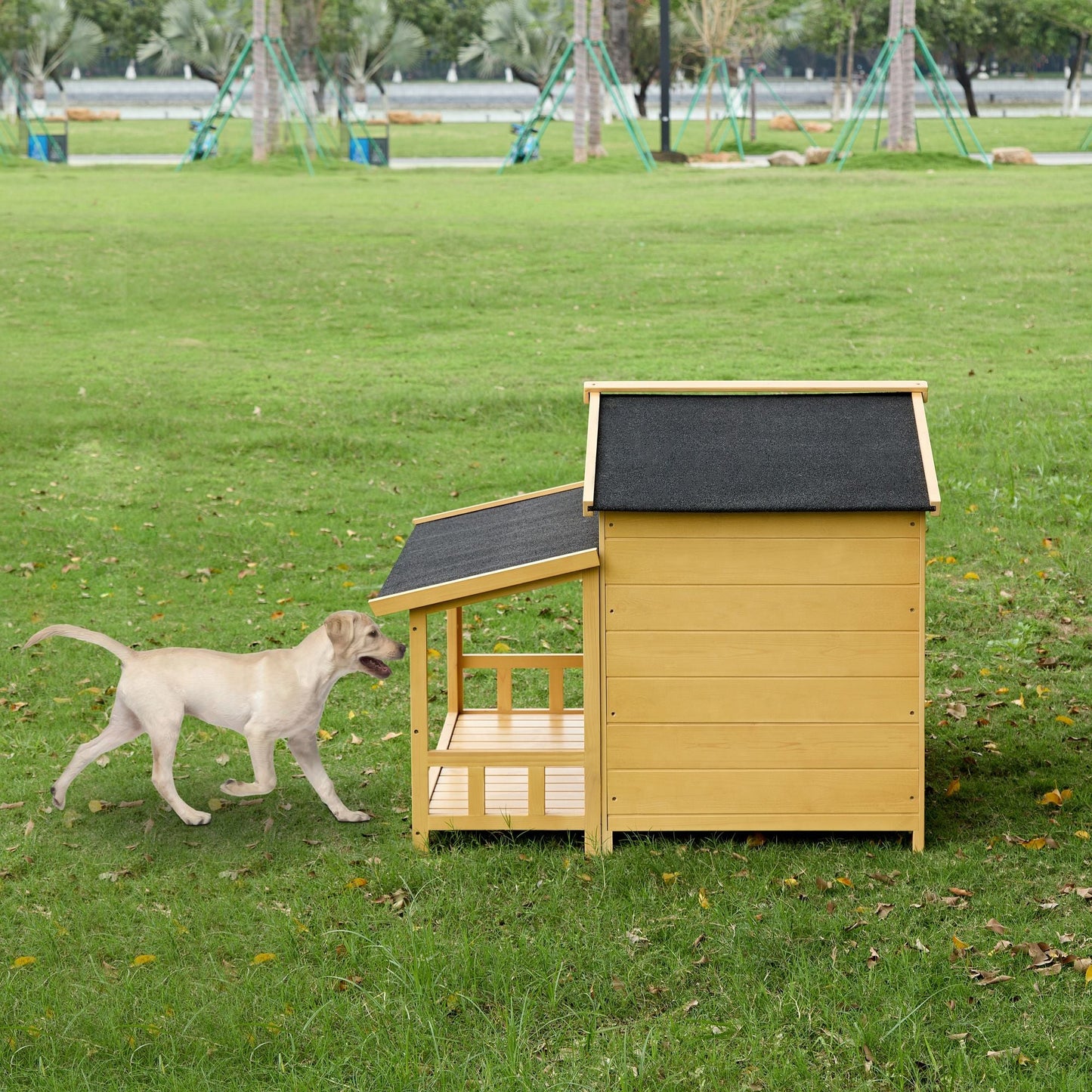 Dog House, Waterproof Dog Cage Kennel, Wooden Outdoor and Indoor Dog House, Raised Pet Kennel for Medium Dogs, Log Cabin Style with Porch,Elevated Floor,Asphalt Roof, 2 Doors - 7DAY'S