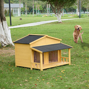 Dog House, Waterproof Dog Cage Kennel, Wooden Outdoor and Indoor Dog House, Raised Pet Kennel for Medium Dogs, Log Cabin Style with Porch,Elevated Floor,Asphalt Roof, 2 Doors