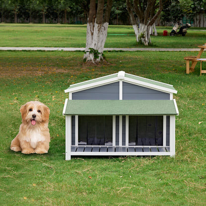 Dog House, Waterproof Dog Cage Kennel, Wooden Outdoor and Indoor Dog House, Raised Pet Kennel for Medium Dogs, Log Cabin Style with Porch,Elevated Floor,Asphalt Roof, 2 Doors - 7DAY'S