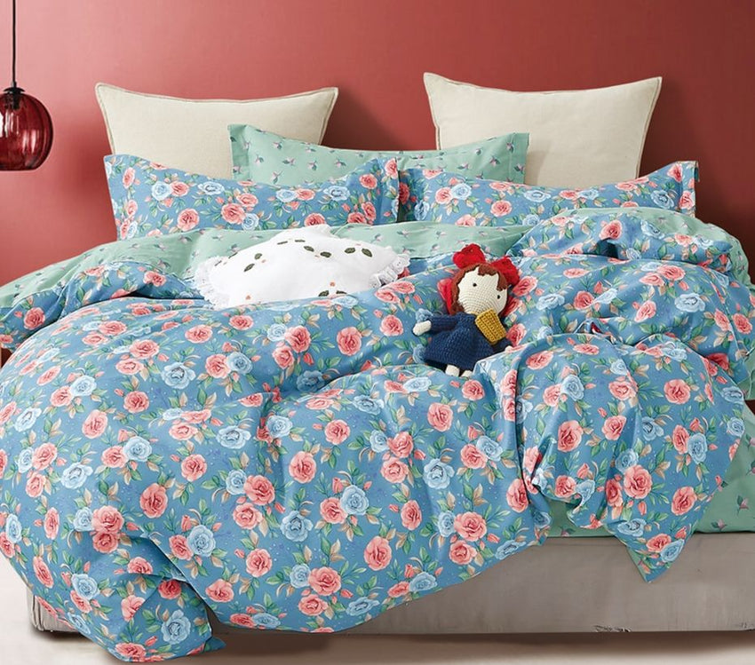 Donau Blue Rose 100% Cotton Reversible Comforter Set - 7DAY'S