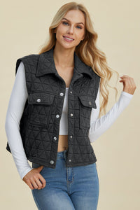 Double Take Full Size Pocketed Texture Snap Down Vest Coat - 7DAY'S