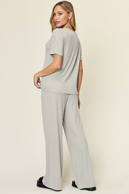 Double Take Full Size Round Neck Short Sleeve T-Shirt and Wide Leg Pants Set - 7DAY'S