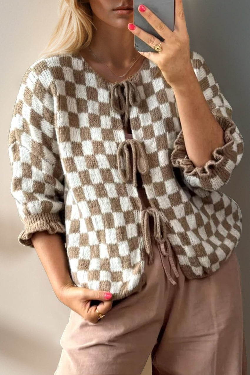 Double Take Tied Checkered Dropped Shoulder Flounce Sleeve Cardigan from S to XL - 7DAY'S