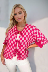 Double Take Tied Checkered Dropped Shoulder Flounce Sleeve Cardigan from S to XL - 7DAY'S