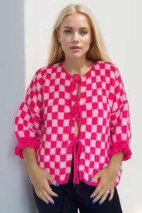 Double Take Tied Checkered Dropped Shoulder Flounce Sleeve Cardigan from S to XL - 7DAY'S