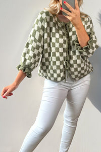 Double Take Tied Checkered Dropped Shoulder Flounce Sleeve Cardigan from S to XL - 7DAY'S