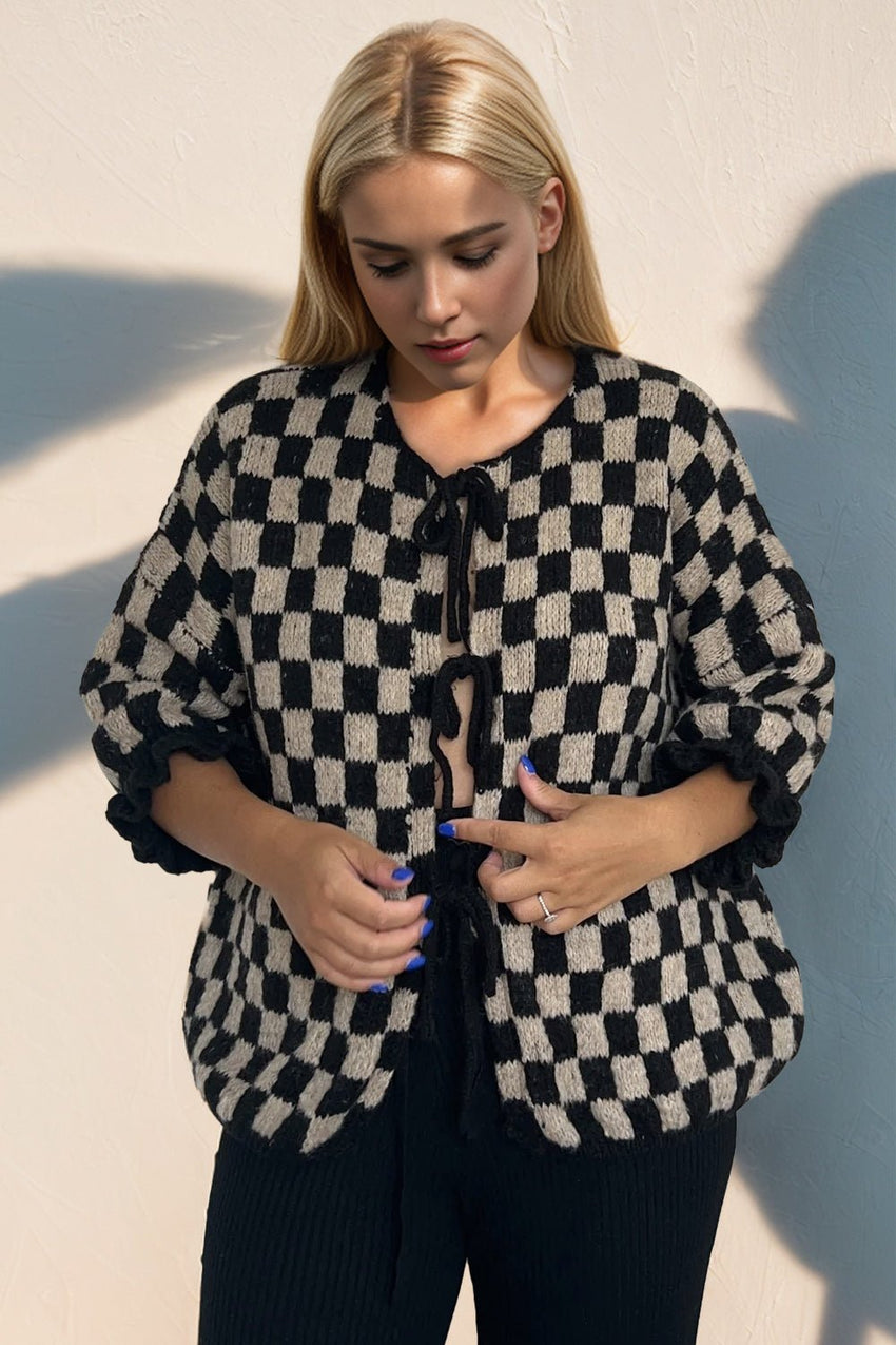 Double Take Tied Checkered Dropped Shoulder Flounce Sleeve Cardigan from S to XL - 7DAY'S