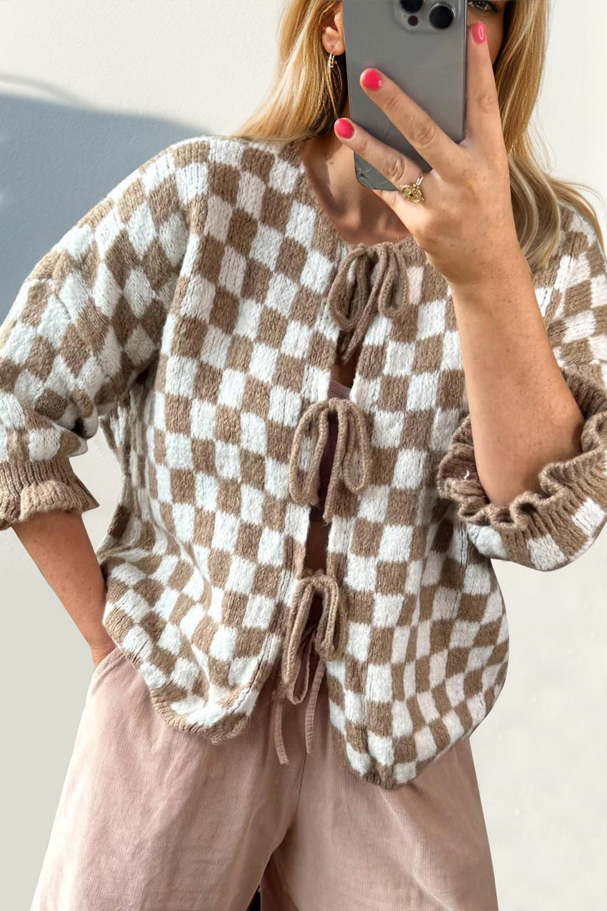 Double Take Tied Checkered Dropped Shoulder Flounce Sleeve Cardigan from S to XL - 7DAY'S