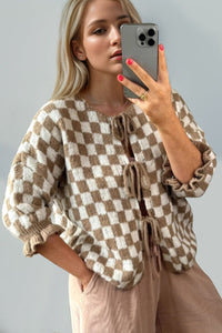 Double Take Tied Checkered Dropped Shoulder Flounce Sleeve Cardigan from S to XL - 7DAY'S