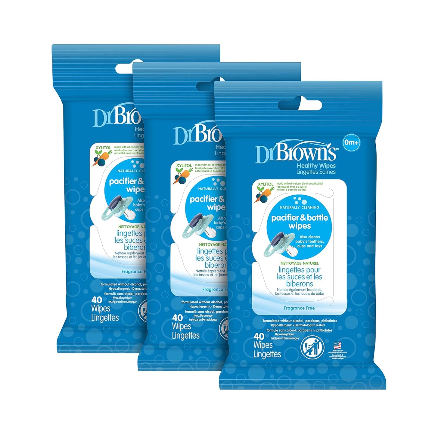 Dr. Brown's Bottle and Pacifier Healthy Wipes, Naturally Cleaning for Bottles and Baby Items, 40 Count, 3 Pack - 7DAY'S