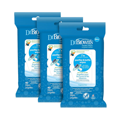 Dr. Brown's Bottle and Pacifier Healthy Wipes, Naturally Cleaning for Bottles and Baby Items, 40 Count, 3 Pack - 7DAY'S