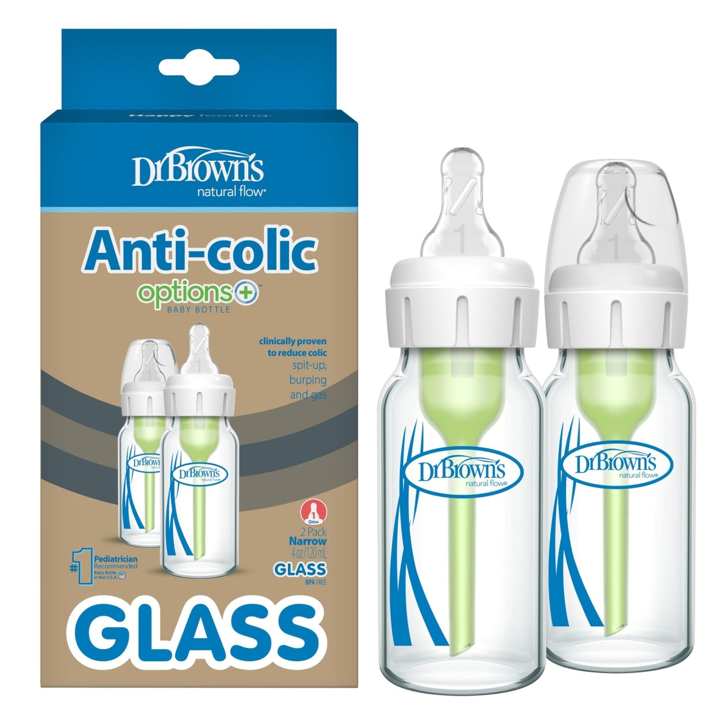Dr. Brown's Natural Flow Anti - Colic Options+ Narrow Glass Baby Bottle 8 oz/250 mL, with Level 1 Slow Flow Nipple, 2 Pack, 0m+ - 7DAY'S