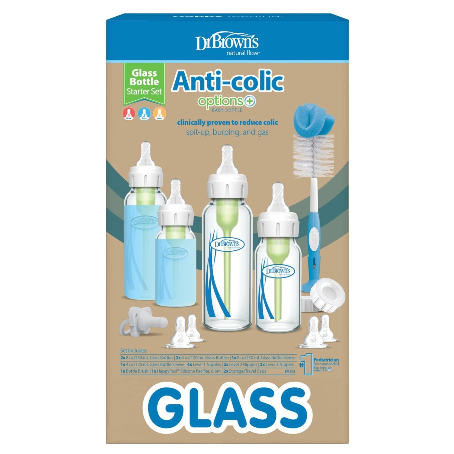 Dr. Brown's Natural Flow Anti - Colic Options+ Narrow Glass Baby Bottle 8 oz/250 mL, with Level 1 Slow Flow Nipple, 2 Pack, 0m+ - 7DAY'S