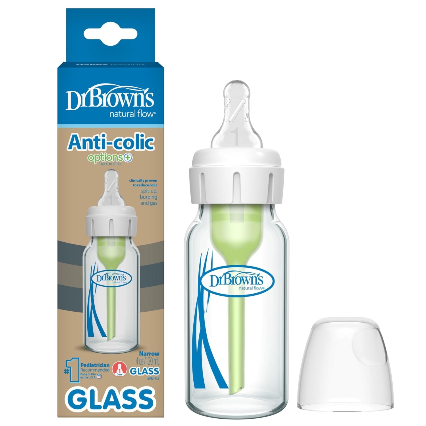 Dr. Brown's Natural Flow Anti - Colic Options+ Narrow Glass Baby Bottle 8 oz/250 mL, with Level 1 Slow Flow Nipple, 2 Pack, 0m+ - 7DAY'S