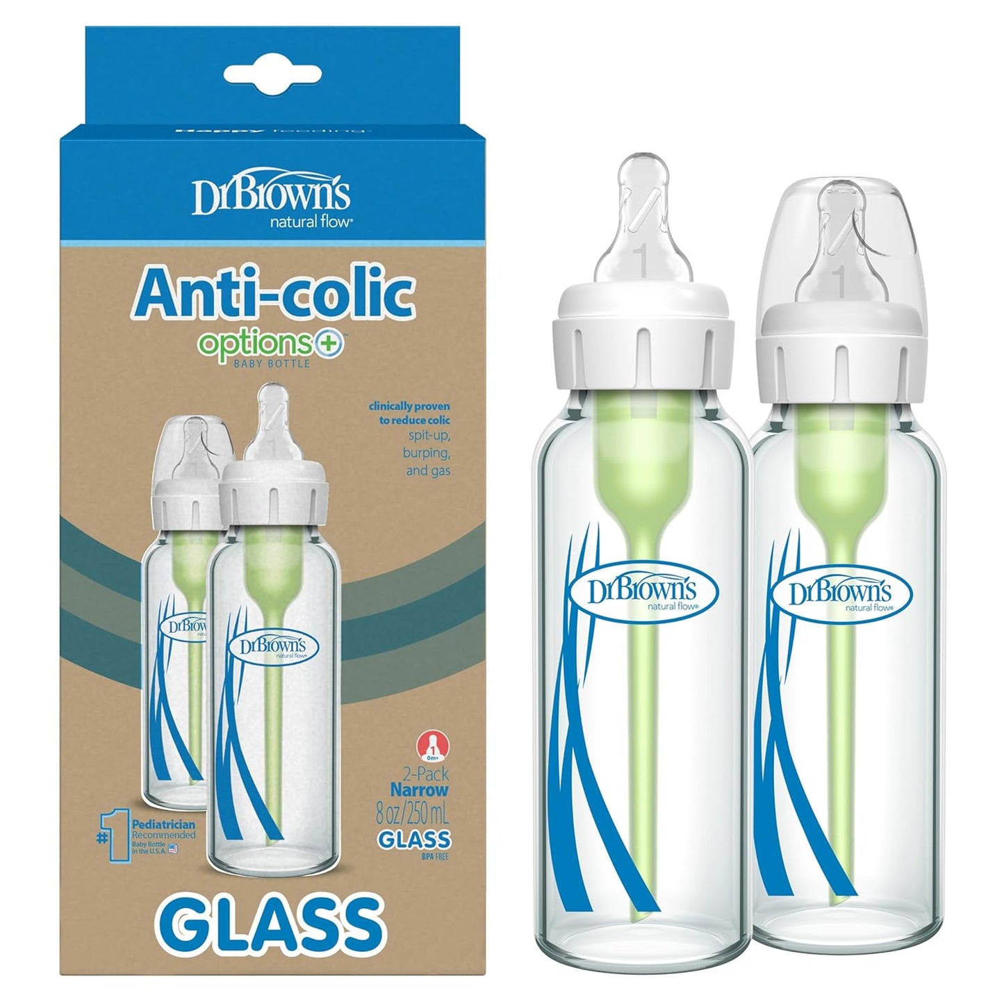 Dr. Brown's Natural Flow Anti - Colic Options+ Narrow Glass Baby Bottle 8 oz/250 mL, with Level 1 Slow Flow Nipple, 2 Pack, 0m+ - 7DAY'S