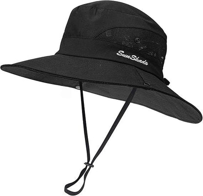 Women's Outdoor UV-Protection-Foldable Sun-Hats Mesh Wide-Brim Beach Fishing Hat with Ponytail-Hole