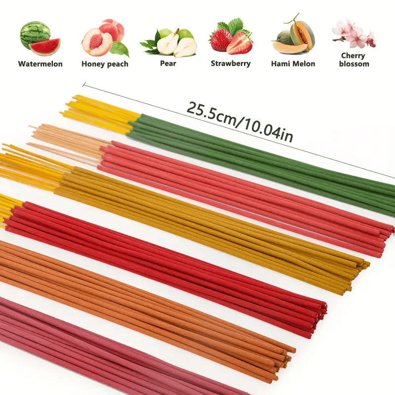 6 Fruit Flavors Incense Sticks, with Rich Fruity Aromas such as Cantaloupe, Strawberry, Watermelon, etc., 25.5cm/ 10.04in, Perfect for Yoga, Meditation,and Enhancing Party Atmosphere - 102pcs