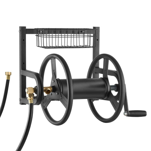 VEVOR Wall Mounted Garden Hose Reel, Holds 125 ft 5/8-inch Hose, Heavy-Duty Water Hose Winder, Space-Saving Design, Outdoor Manual Reel with Brass Fitting and Storage Basket for Yard Lawn