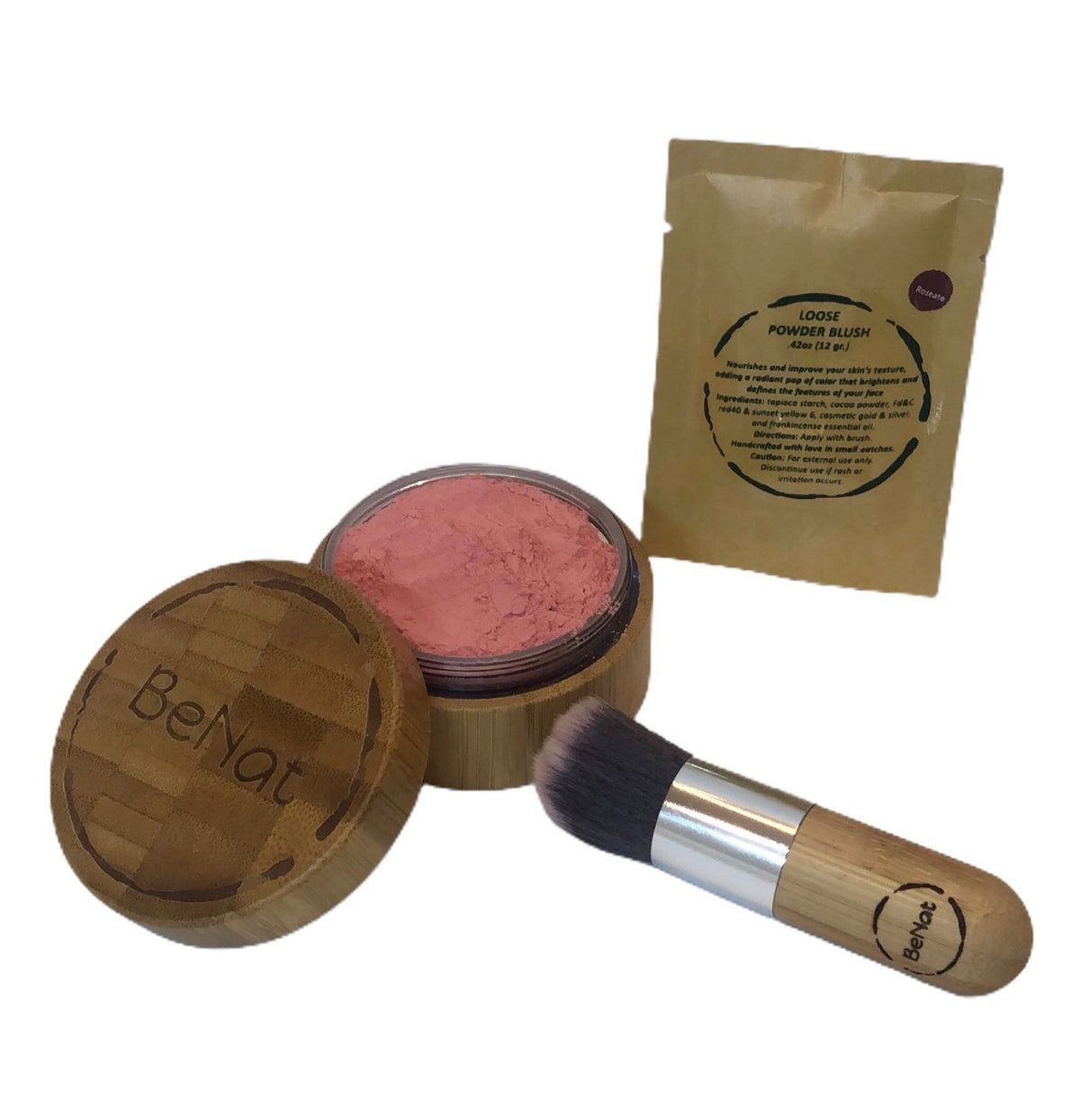 BeNat Natural Blush Loose Powder Set with Reusable Bamboo Jar, Eco-Friendly Kraft Refill Bag and Kabuki Brush - Vegan Makeup for All Skin Types