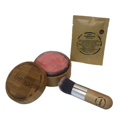 BeNat Natural Blush Loose Powder Set with Reusable Bamboo Jar, Eco-Friendly Kraft Refill Bag and Kabuki Brush - Vegan Makeup for All Skin Types