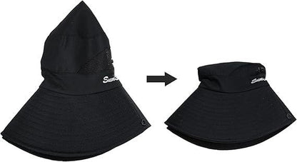 Women's Outdoor UV-Protection-Foldable Sun-Hats Mesh Wide-Brim Beach Fishing Hat with Ponytail-Hole