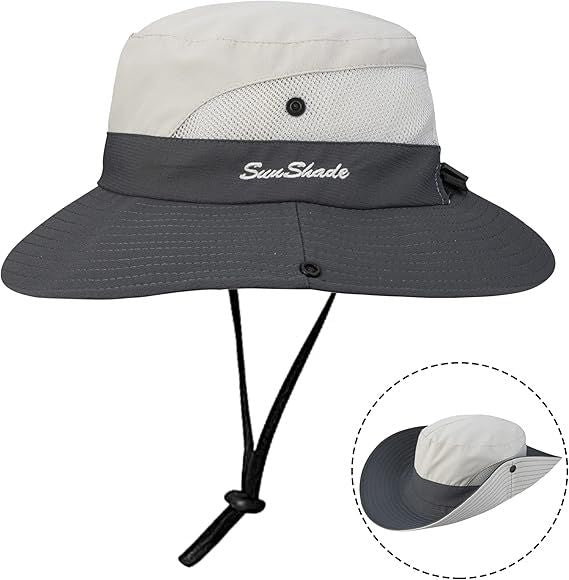 Women's Outdoor UV-Protection-Foldable Sun-Hats Mesh Wide-Brim Beach Fishing Hat with Ponytail-Hole