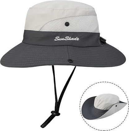 Women's Outdoor UV-Protection-Foldable Sun-Hats Mesh Wide-Brim Beach Fishing Hat with Ponytail-Hole