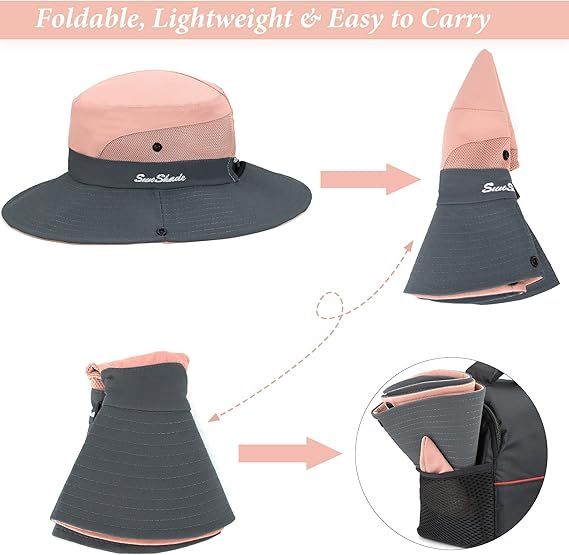 Women's Outdoor UV-Protection-Foldable Sun-Hats Mesh Wide-Brim Beach Fishing Hat with Ponytail-Hole