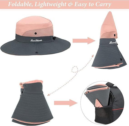 Women's Outdoor UV-Protection-Foldable Sun-Hats Mesh Wide-Brim Beach Fishing Hat with Ponytail-Hole