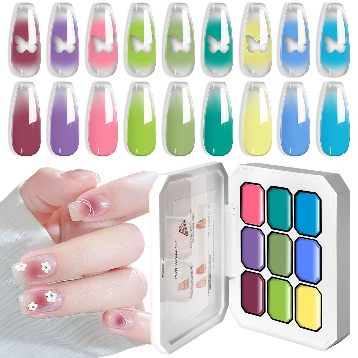 Limegirl Gradient Painting Gel, 9 Bright Colors Ombre GelNail Polish for Pigment Pat Nails Nails French ManicureSoak Off UV Set