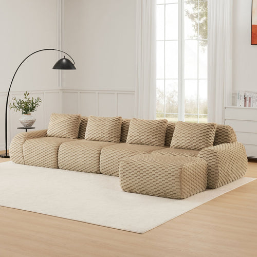146" Modern L-Shaped Modular Sectional Sofa for Living Room,Flannelette Fabric,Oversized 4-Seater Couch,boneless sofa ,Movable Ottoman,Buckle connection,Anti-slip Design,No Assembly,Light Camel