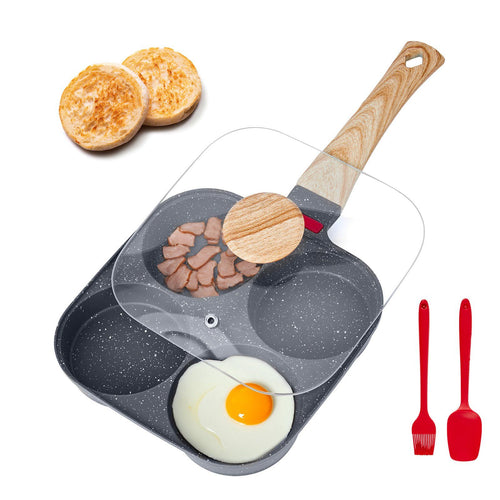 VEVOR Egg Pan, 4-Cup Nonstick Egg Frying Pan, Aluminum Breakfast Omelette Skillet for Pancakes, Hamburgers, Sandwiches, with Lid, Oil Brush, Scraper, Compatible with Gas Stove & Induction Cookware