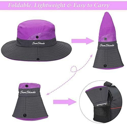 Women's Outdoor UV-Protection-Foldable Sun-Hats Mesh Wide-Brim Beach Fishing Hat with Ponytail-Hole