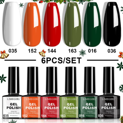 LIMEGIRL 6pcs Gel Polish Set 6 Vibrant Colors UV Gel NailPolish Red Blue Green Hema TMPTA TPO 3-free AllSeasons NailGel for Christmas Gift Women Girls