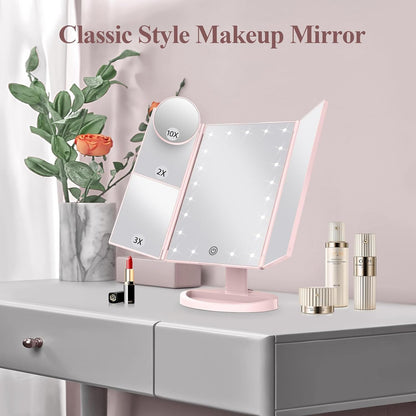 Makeup Mirror, Vanity Mirror with Lights, 2X/3X/10X Magnification, Touch Control, Trifold, Dual Power Supply, Gifts Mothers Day for Mom,Gifts for Women, Wife, Girls,Dorm Room Essentials