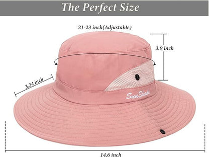 Women's Outdoor UV-Protection-Foldable Sun-Hats Mesh Wide-Brim Beach Fishing Hat with Ponytail-Hole