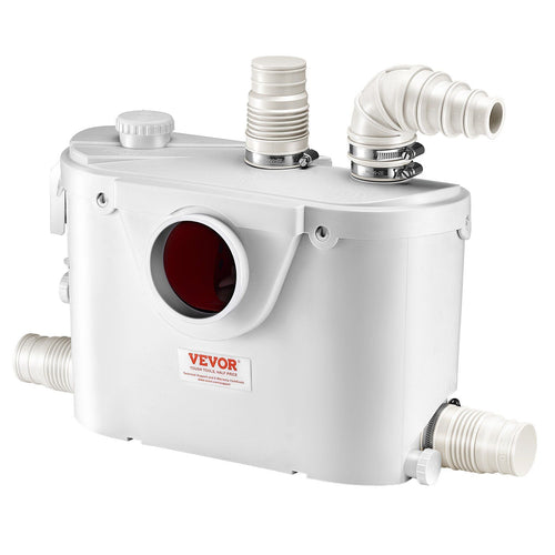 VEVOR Macerator Pump, 500W, 29 GPM Flow, 26 ft/8 m Head, Macerator Sewerage Toilet Pump with 4 Water Inlets, Waste Water Disposal Upflush Machine for Toilet, Basement, Shower, Sink, Laundry, Bathtub