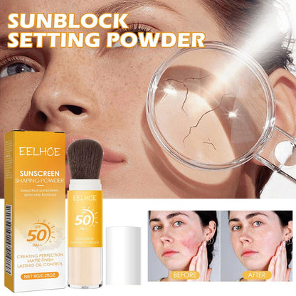SPF50 PA++ Sunscreen Setting Powder Brush, Oil Control Matte Transparent Loose Powder, Portable Mineral Sun Protection Powder, Long Lasting Makeup Setting Powder for Face, Non-Greasy Shine Control Sun