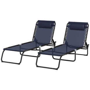 2-Pack Dark Blue Reclining Beach Chairs, 4-Position Folding Chaise Lounge for Patio