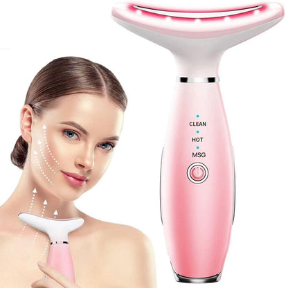 Neck Face Massager, Skin Care Face Massage Tool, 3-in-1 Facial Massager, Face Sculpting Tool with Thermals, Vibration (Pink)