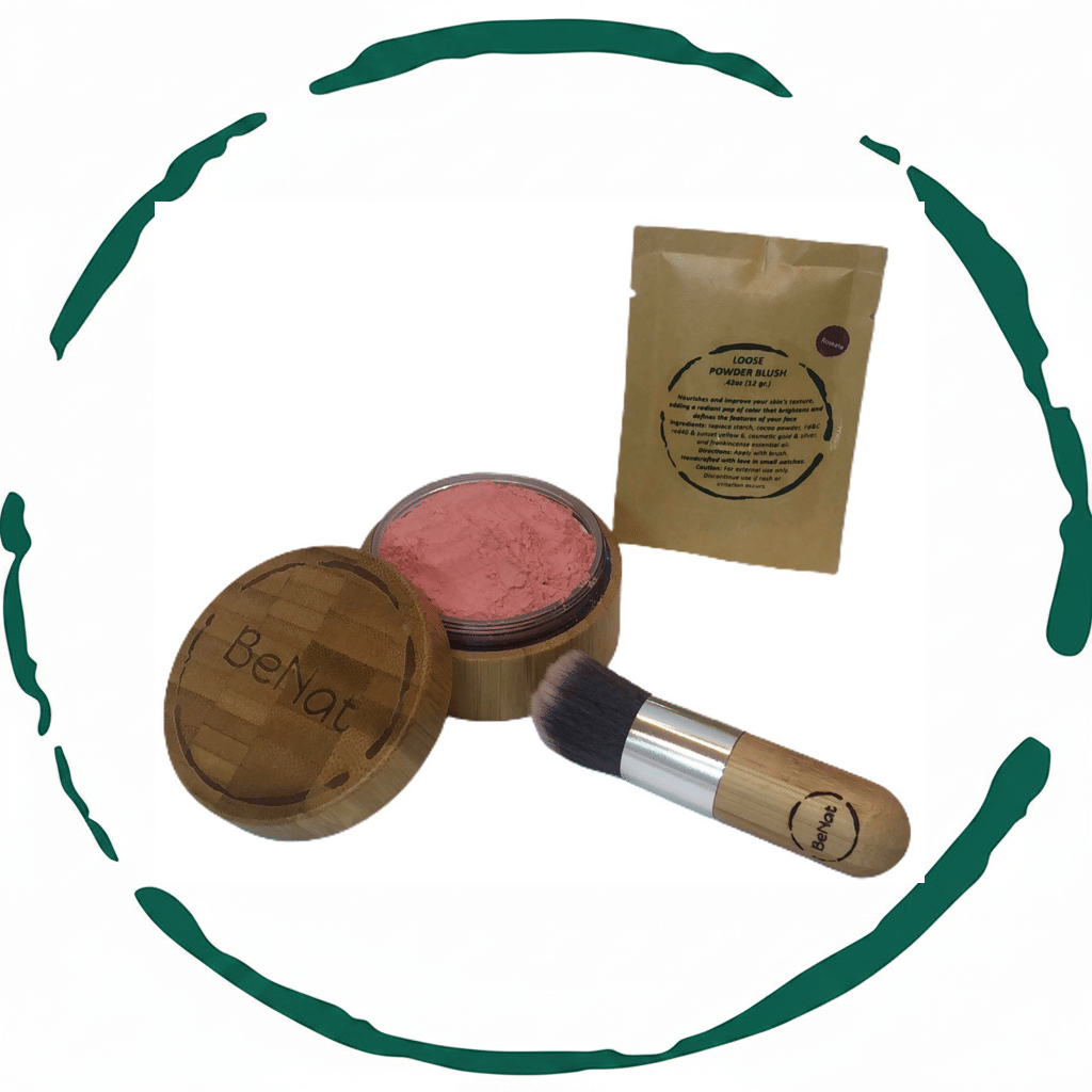 BeNat Natural Blush Loose Powder Set with Reusable Bamboo Jar, Eco-Friendly Kraft Refill Bag and Kabuki Brush - Vegan Makeup for All Skin Types