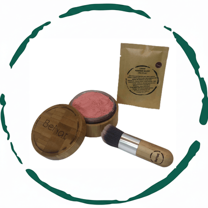 BeNat Natural Blush Loose Powder Set with Reusable Bamboo Jar, Eco-Friendly Kraft Refill Bag and Kabuki Brush - Vegan Makeup for All Skin Types
