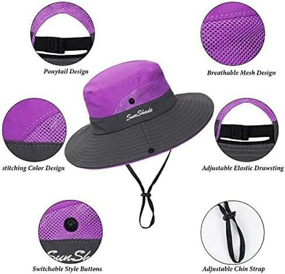 Women's Outdoor UV-Protection-Foldable Sun-Hats Mesh Wide-Brim Beach Fishing Hat with Ponytail-Hole