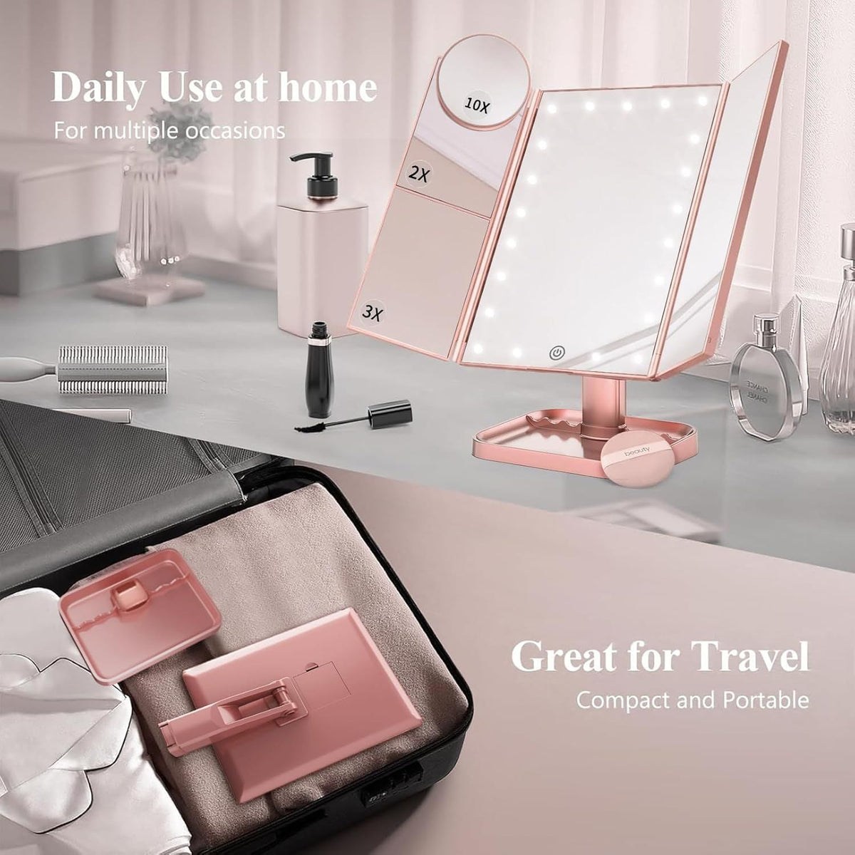 Makeup Mirror, Vanity Mirror with Lights, 2X/3X/10X Magnification, Touch Control, Trifold, Dual Power Supply, Gifts Mothers Day for Mom,Gifts for Women, Wife, Girls,Dorm Room Essentials