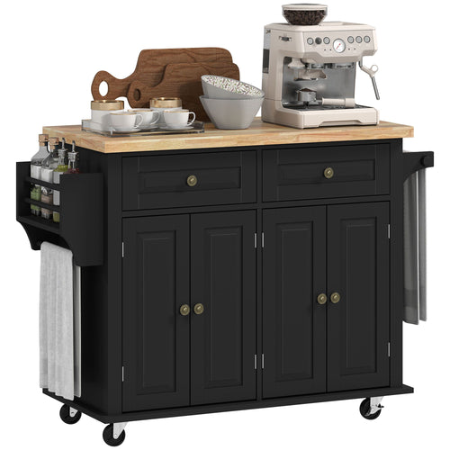 Kitchen Island Cart with Rubber Wood Top, Rolling Kitchen Island Table on Wheels with Drawers, Adjustable Shelves, Spice Rack and Towel Rack for Dining Room, Black