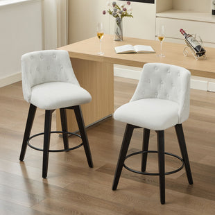 007-Swivel Counter Chairs, Modern Linen Fabric with Button-Tufted Backrest, Stylish Bar Stools, Set of 2 for Bar, Kitchen Island, Dining Room, White