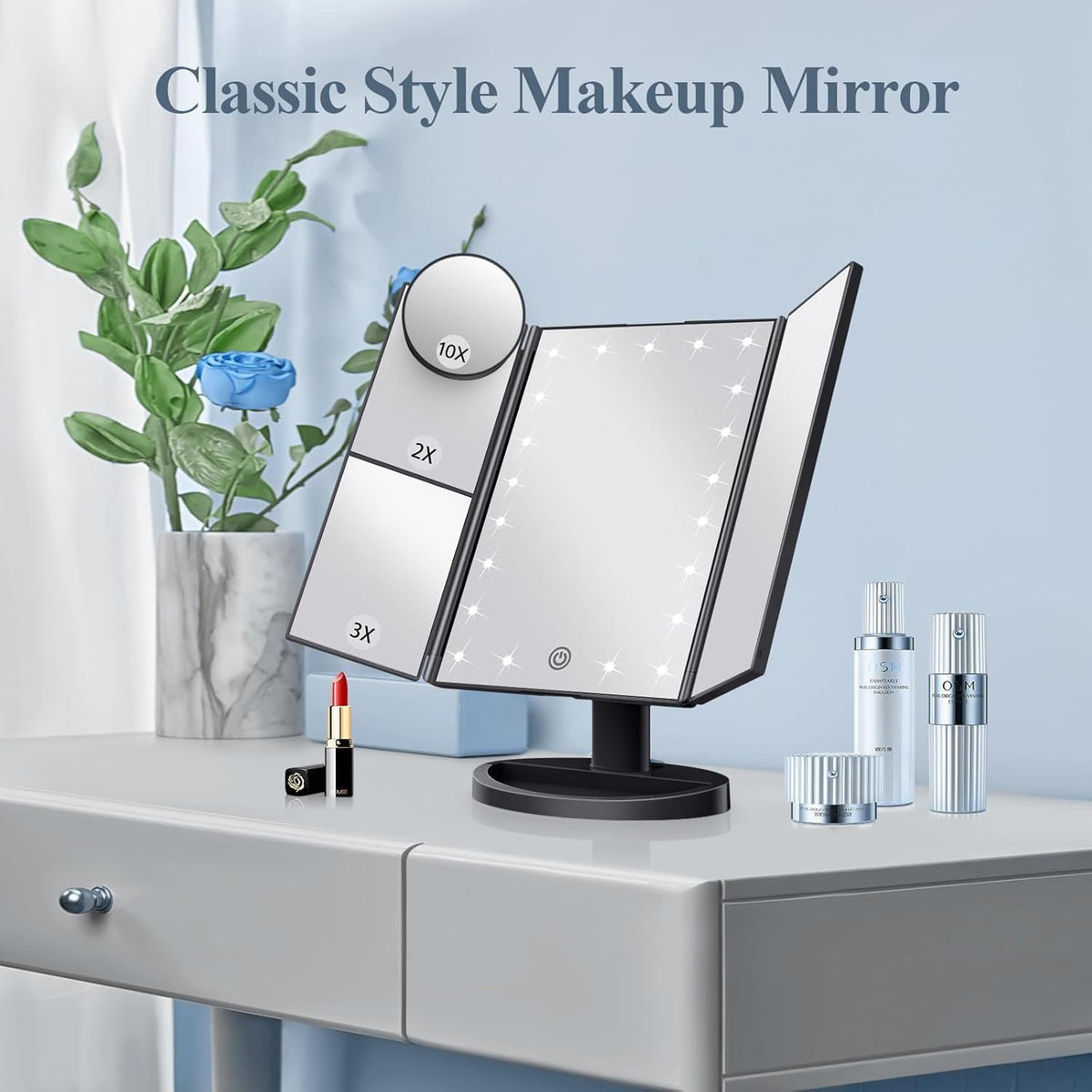 Makeup Mirror, Vanity Mirror with Lights, 2X/3X/10X Magnification, Touch Control, Trifold, Dual Power Supply, Gifts Mothers Day for Mom,Gifts for Women, Wife, Girls,Dorm Room Essentials